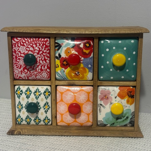 The Pioneer Woman Brown Wooden Stand and ceramic drawers - Picture 1 of 7